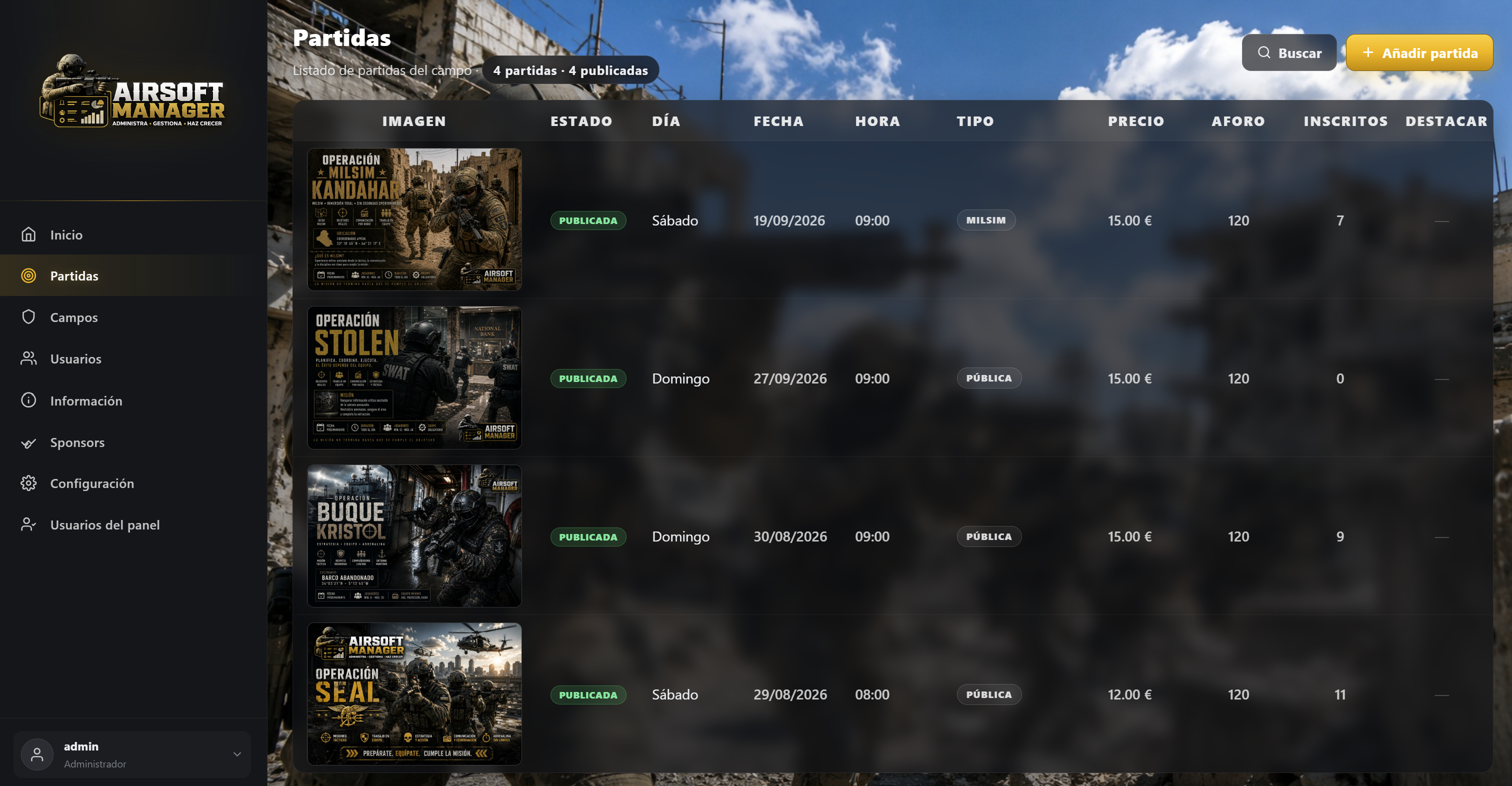 Listado de partidas en el panel de Airsoft Manager