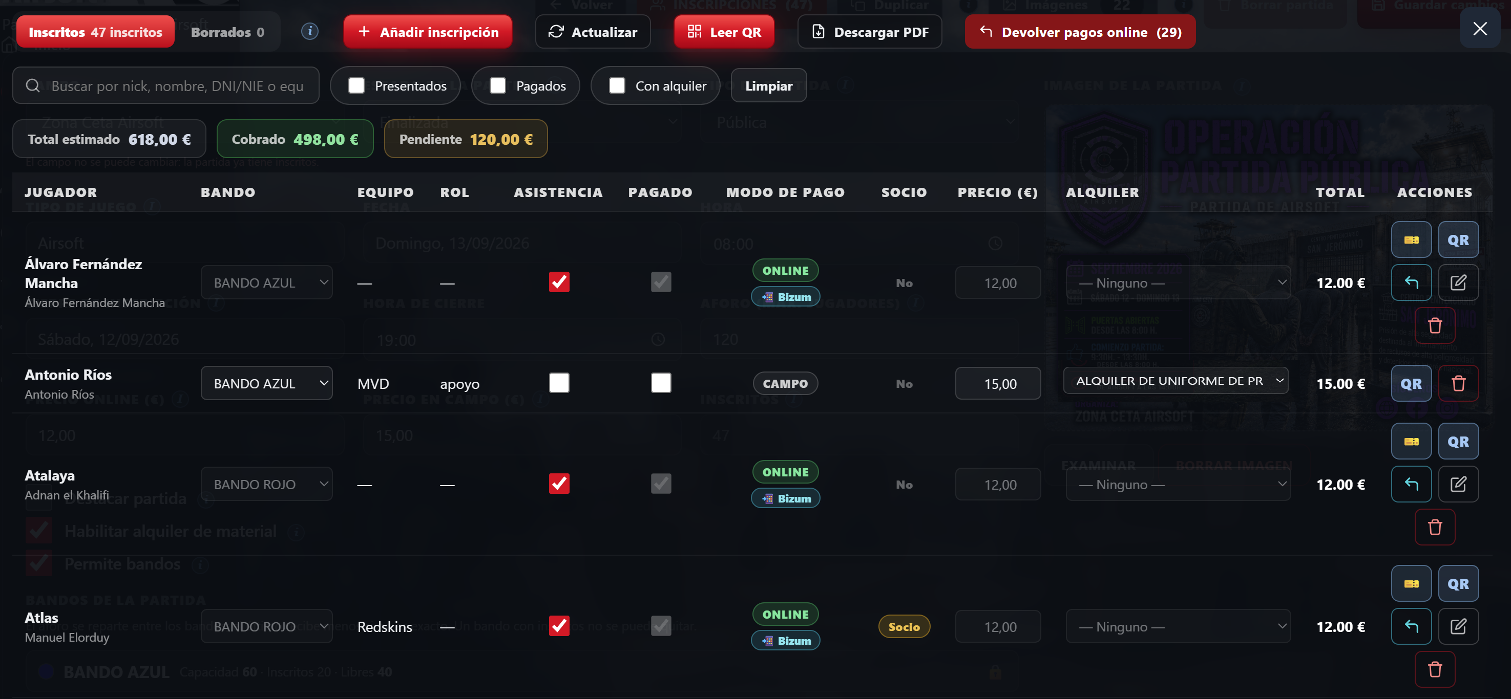 Control de inscripciones y pagos de jugadores
