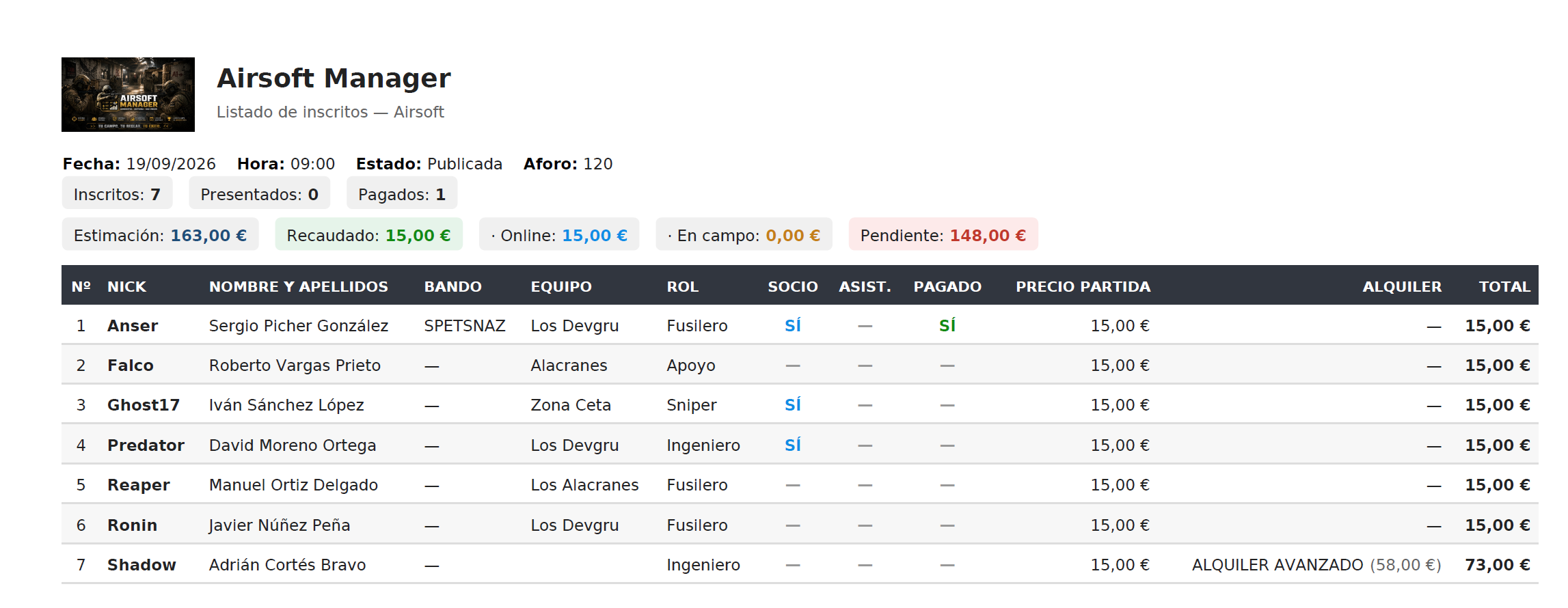 Lista imprimible de jugadores y asistencia