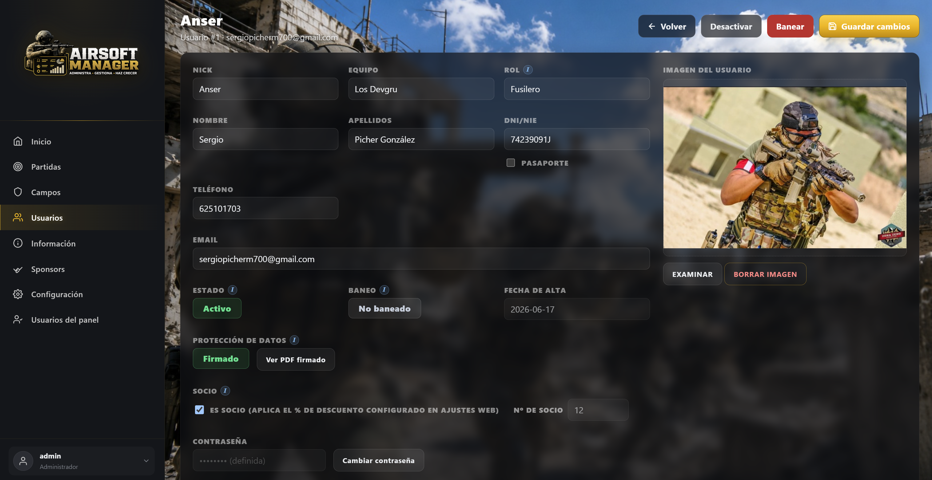 Ficha editable de usuario en Airsoft Manager