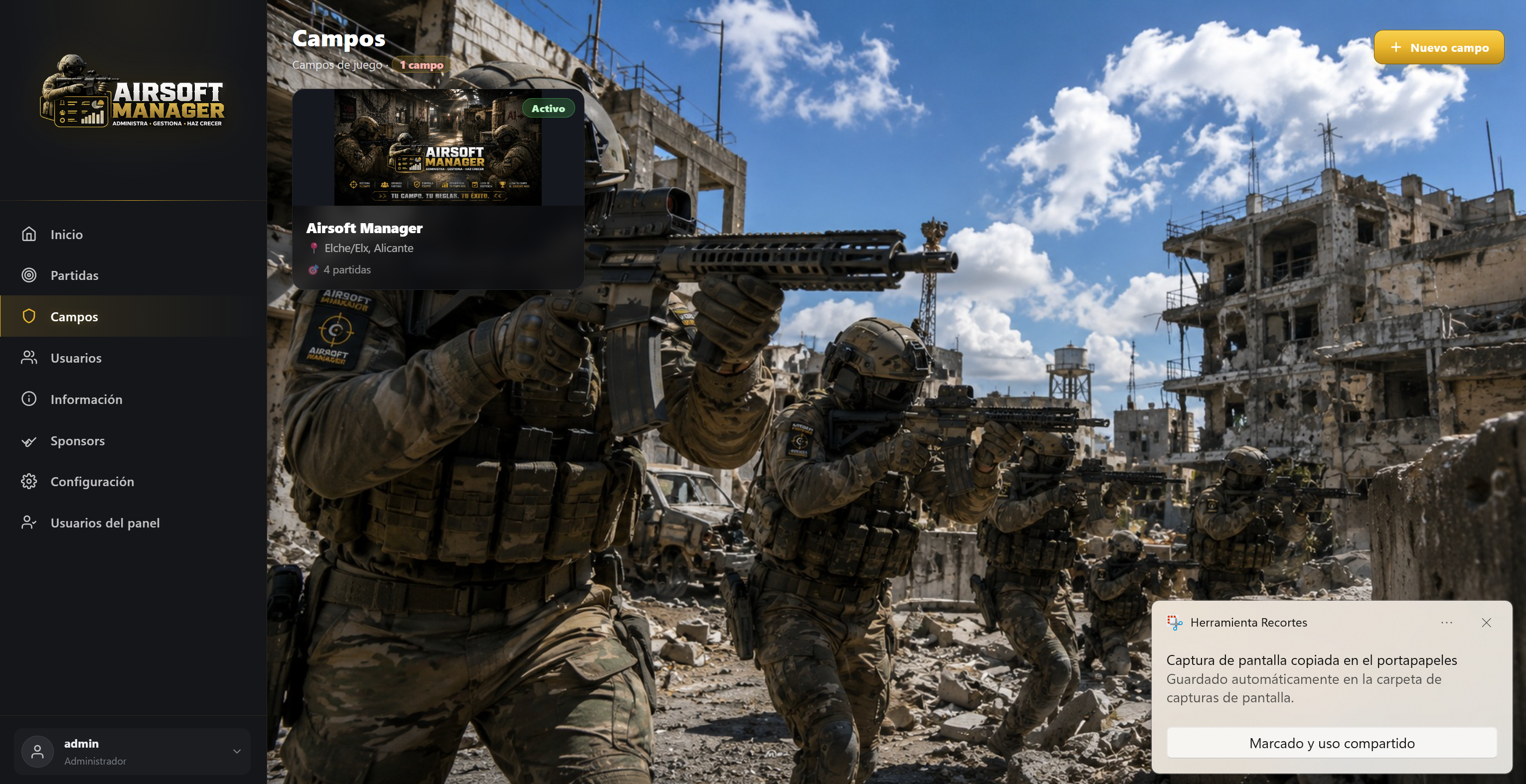 Listado de campos en el panel de Airsoft Manager